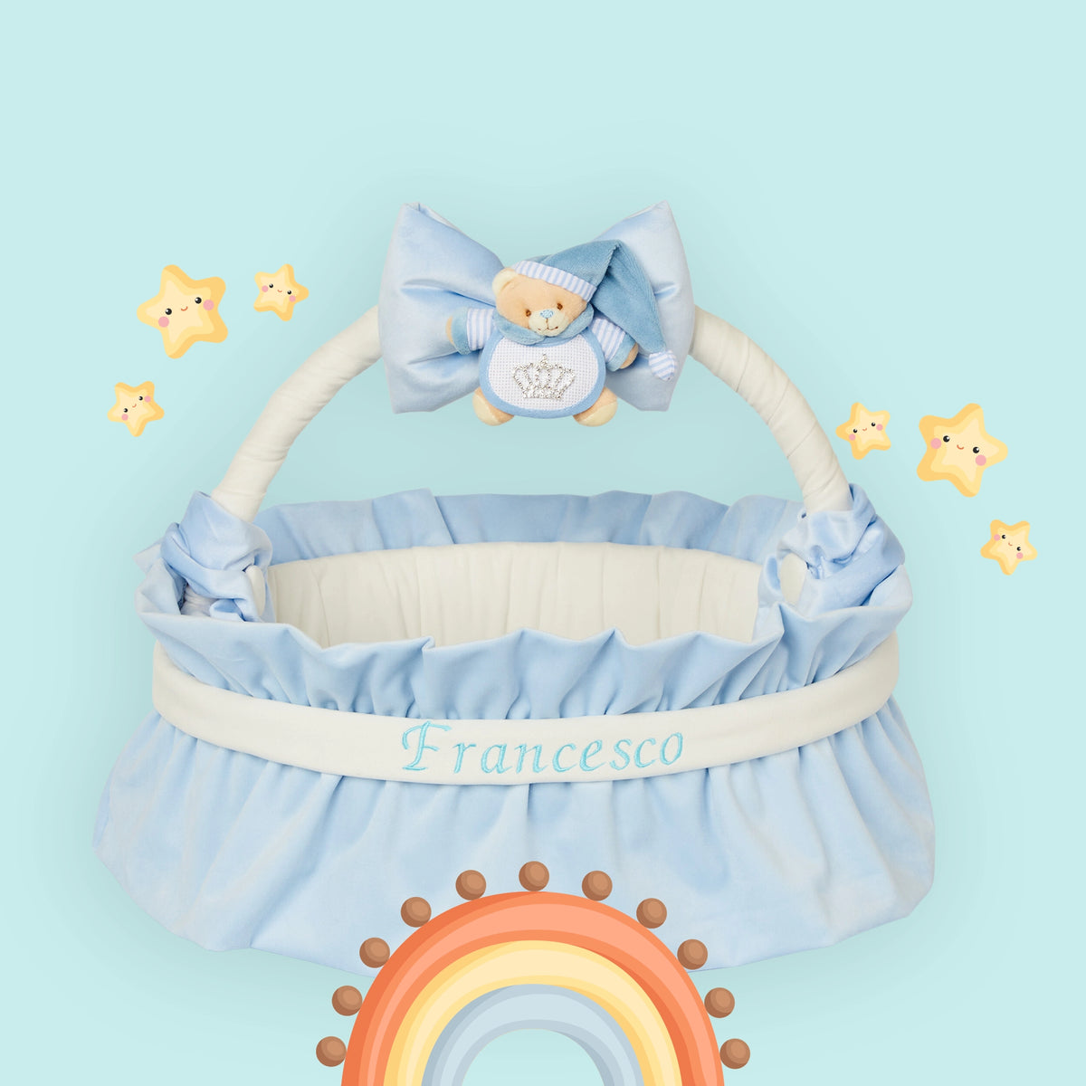 Cesto Nascita Personalizzato A Forma Di Baule - Ricamato A Mano | 30x37x27 Cm | Cotone Alta Qualità - Foto 7