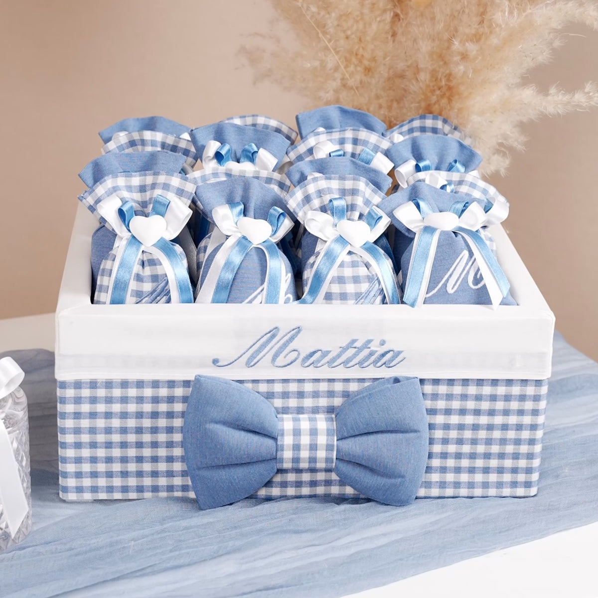 Sacchetto Portaconfetti - Bomboniera ELEGANT - Con Gessetto - Cotone Quadretti Blu Danubio