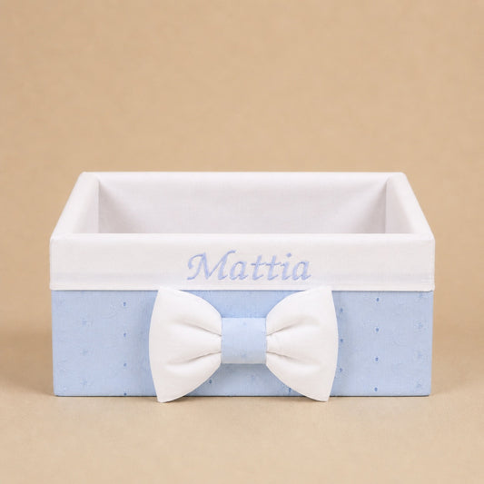 Cesto nascita - Porta bomboniere - Cassetta - San Gallo Celeste/Cotone Bianco