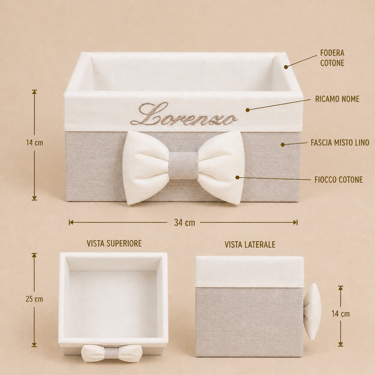 Cesto nascita - Porta bomboniere - Cassetta - Cotone misto lino Beige