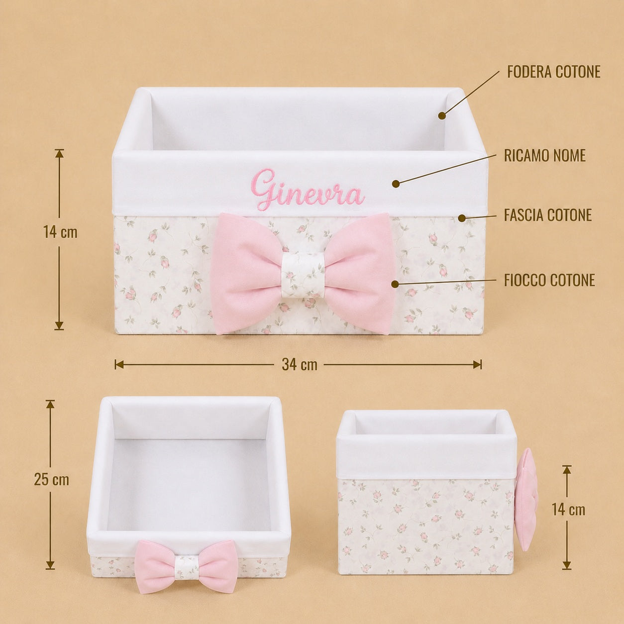 Cesto nascita - Porta bomboniere - Cassetta - Cotone Bocciolo/Cotone Rosa