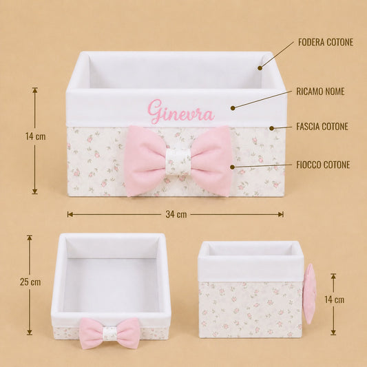 Cesto nascita - Porta bomboniere - Cassetta - Cotone Bocciolo/Cotone Rosa
