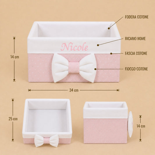 Cesto nascita - Porta bomboniere - Cassetta - Cotone Pois Rosa