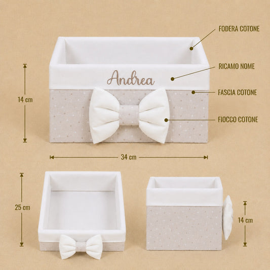 Cesto nascita - Porta bomboniere - Cassetta - Cotone Pois Beige