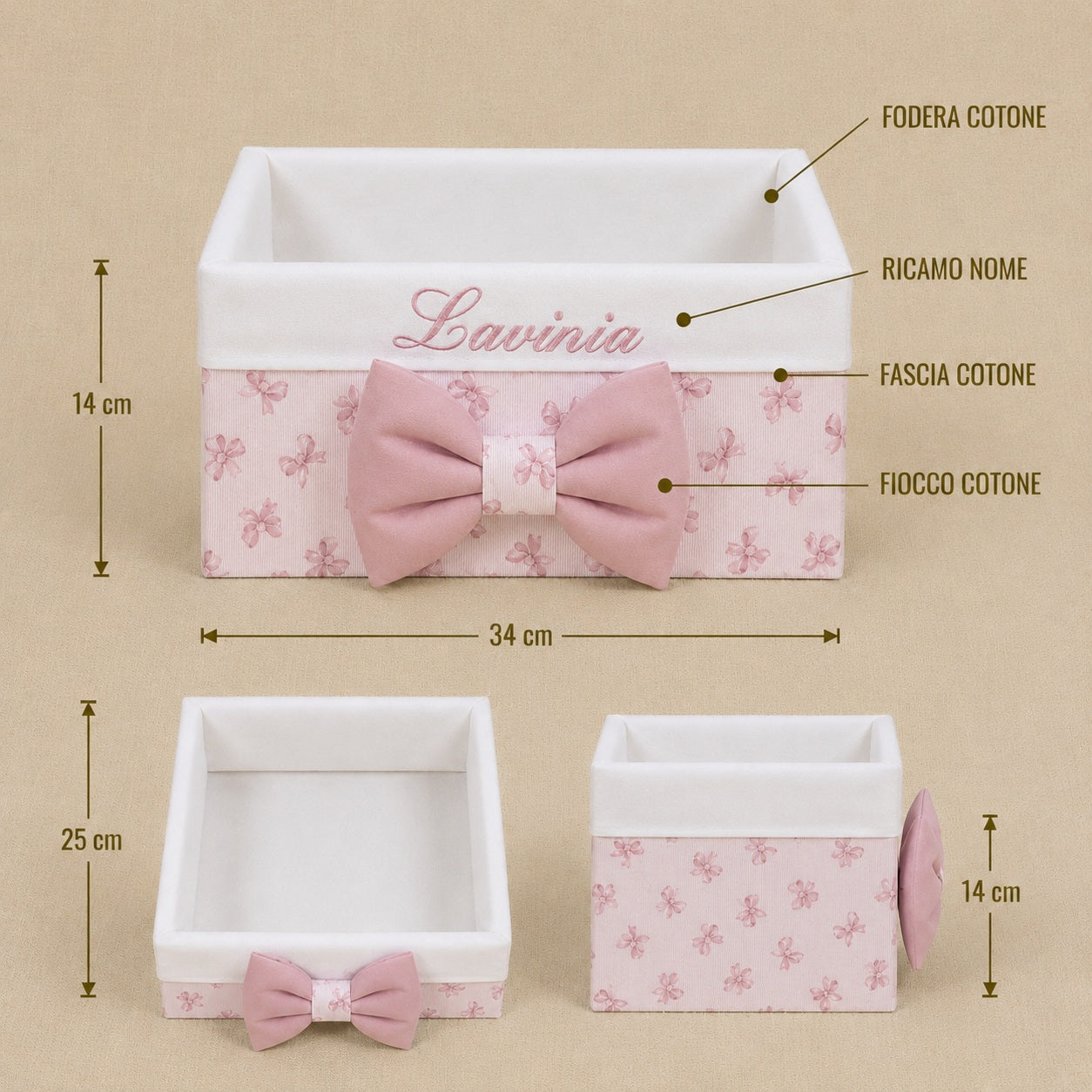 Cesto nascita - Porta bomboniere - Cassetta - Cotone Fiocchetti Rosa