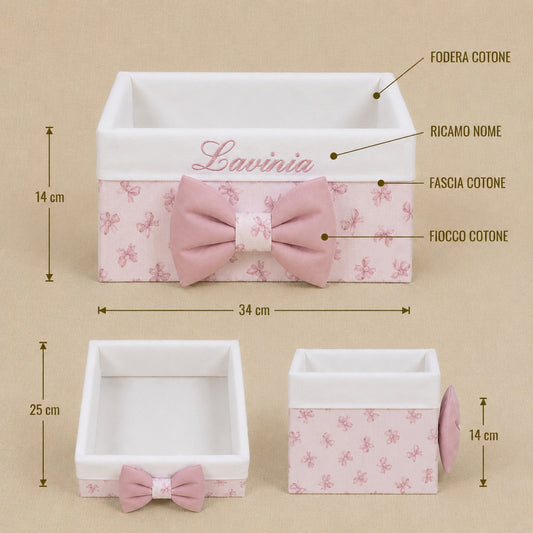 Cesto nascita - Porta bomboniere - Cassetta - Cotone Fiocchetti Rosa