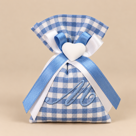 Sacchetto Portaconfetti - Bomboniera ELEGANT - Con Gessetto - Cotone Quadretti Blu Danubio
