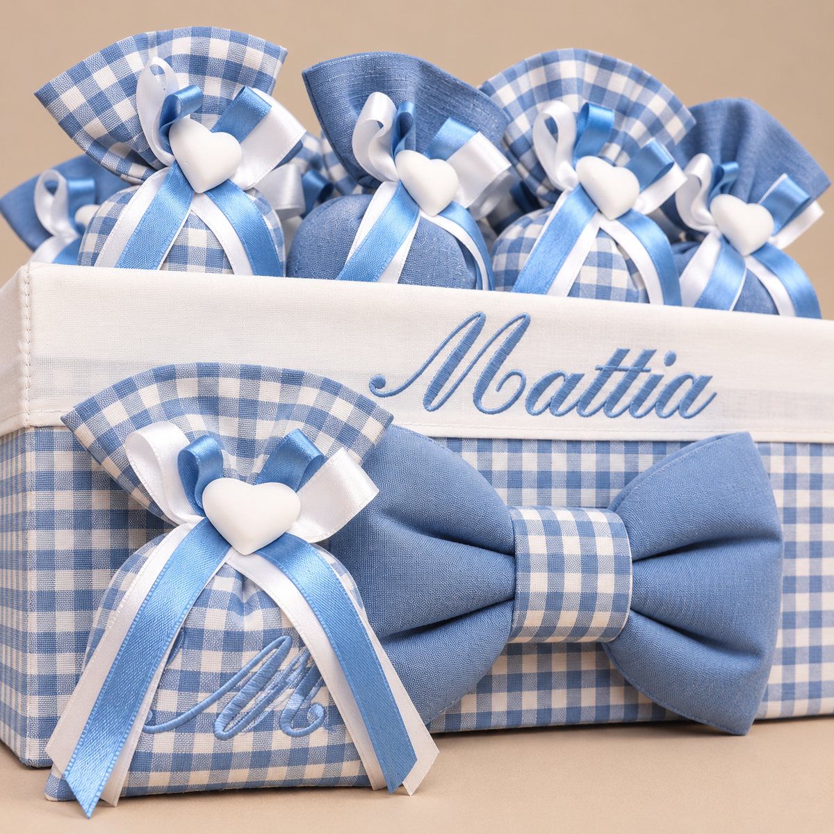 Sacchetto Portaconfetti - Bomboniera ELEGANT - Con Gessetto - Cotone Quadretti Blu Danubio