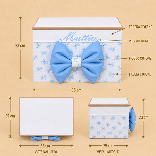 Cesto nascita - Porta bomboniere - Bauletto - Cotone Fiocchetti Azzurri