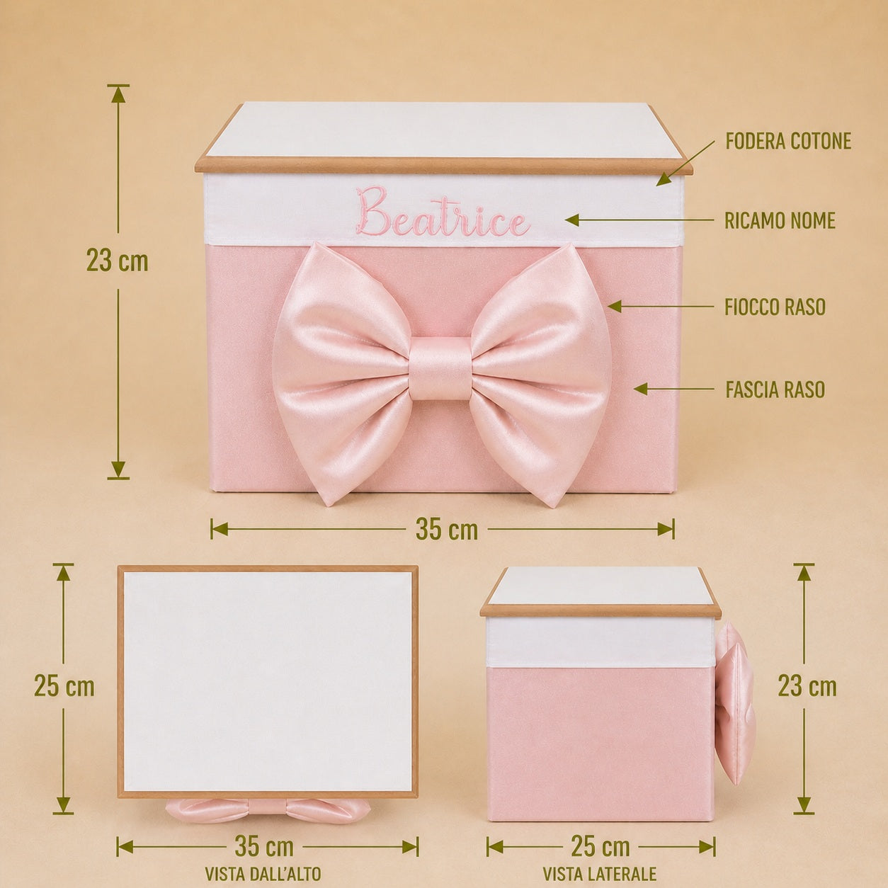 Cesto nascita - Porta bomboniere - Bauletto - Raso Rosa Pesca