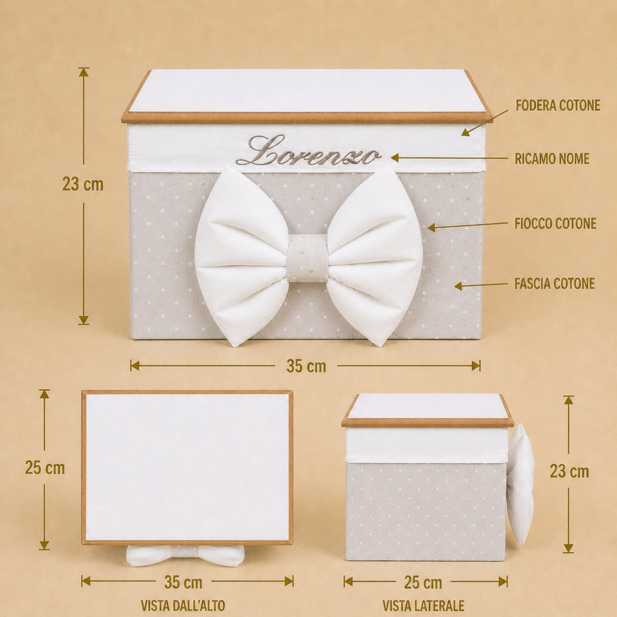 Cesto nascita - Porta bomboniere - Bauletto - Cotone Pois Beige
